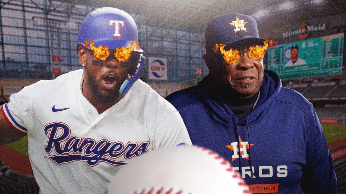 Rangers' Adolis Garcia with fire in his eyes. Astros' Dusty Baker with fire in his eyes