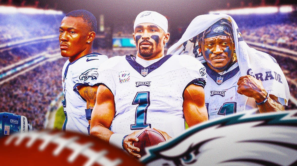 Jalen Hurts in the middle with AJ Brown and Devonta Smith on either side of him, all in Philadelphia Eagles jerseys.