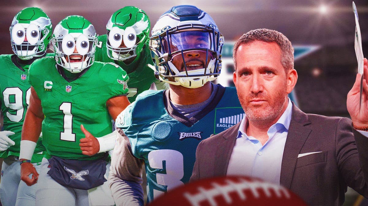 Howie Roseman looking serious with a clipboard in his hands, Kevin Byard beside him in Eagles jersey, Jalen Hurts, Jalen Carter, Haason Reddick all with peeping eyes in Eagles jerseys