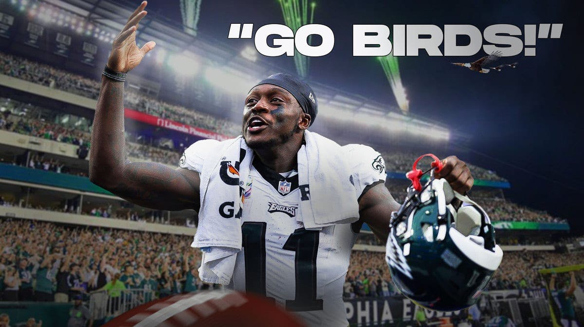 Philadelphia Eagles WR A.J. Brown and a text graphic that reads “Go Birds!”