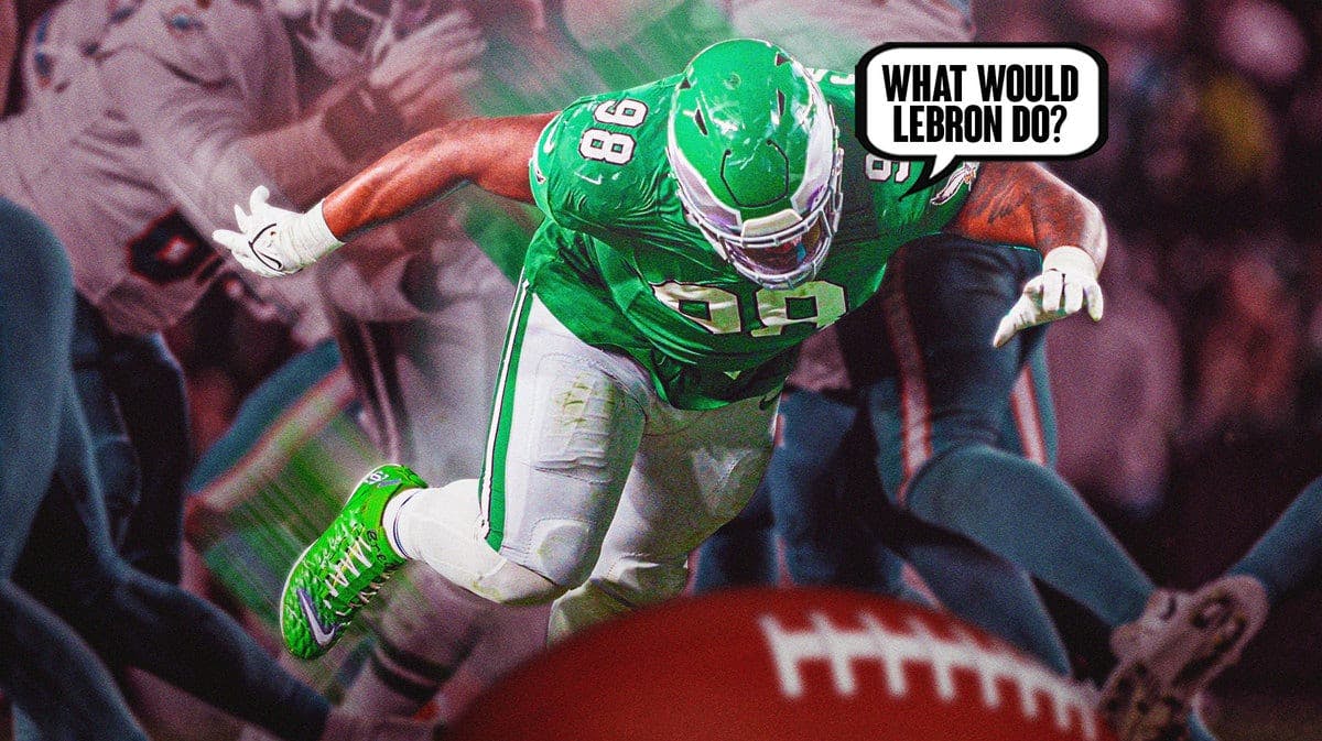 Eagles defensive tackle Jalen Carter falling over and asking himself "What would LeBron do?"