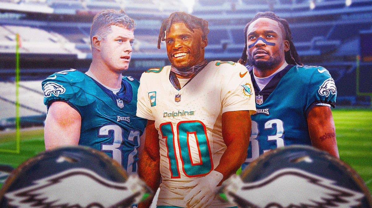 Dolphins Tyreek Hill happy while Eagles Reed Blankenship and Bradley Roby are sad. Background is Lincoln Financial Field