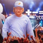 Chucky and Ed Sheeran next to Mathematics tour logo with concert background.