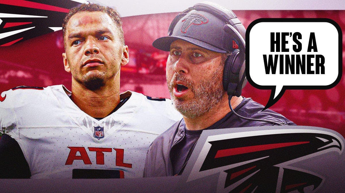 Atlanta Falcons head coach Arthur Smith and text bubble “He’s A Winner” and next to him an image of Falcons QB Desmond Ridder