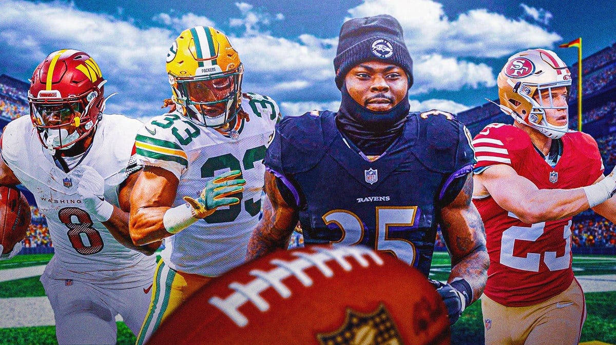 Here we have Running Backs Gus Edwards, Christian McCaffrey, Brian Robinson, and Aaron Jones with the NFL wallpaper background.