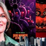 Emma Tammi next to posters of Five Nights at Freddy's and Five Nights at Freddy's 2.