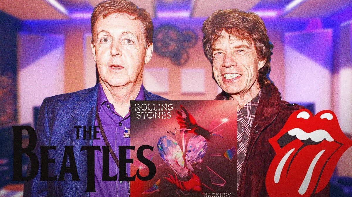 Paul McCartney and Mick Jagger behind The Beatles and The Rolling Stones logo and Hackney Diamonds cover.