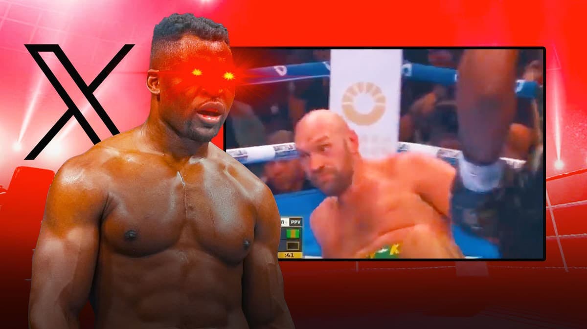 Francis Ngannou with woke eyes and X logos in the background