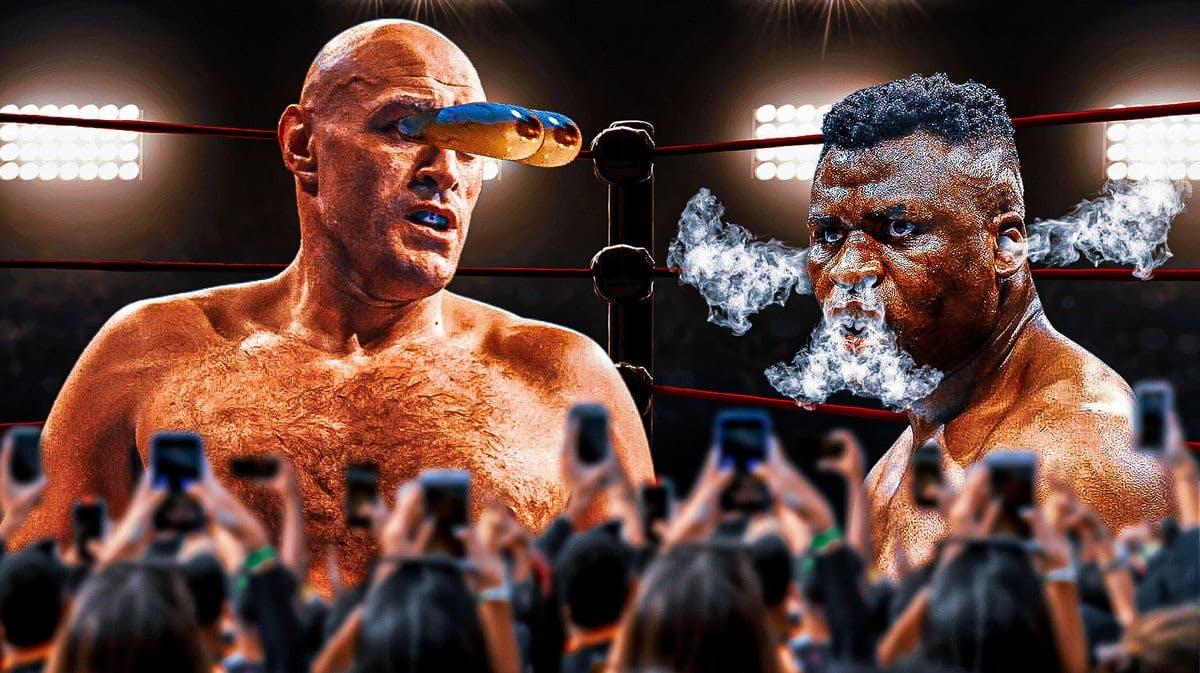 Francis Ngannou with smoke coming out his nose and ears. Tyson Fury with his eyes popping out