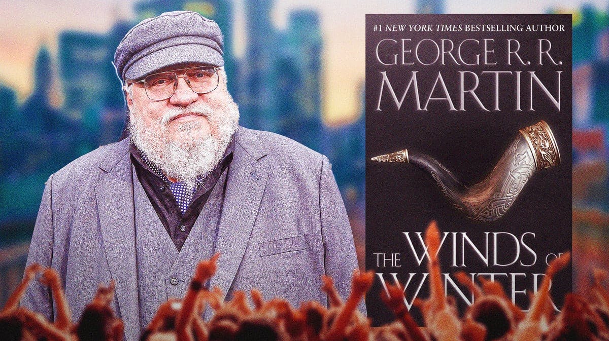 George RR Martin with Winds of Winter cover.