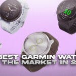 Product display of the best Garmin watches on a purple background.