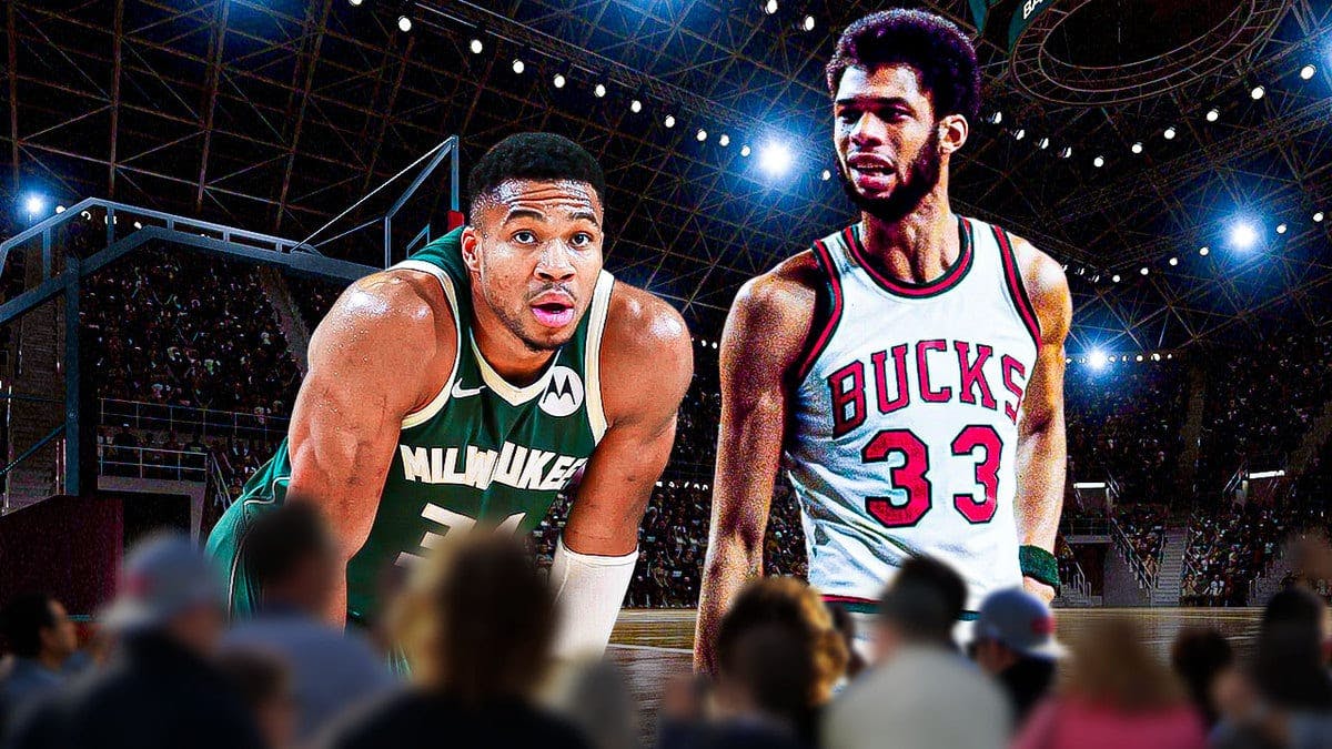 Giannis Antetokounmpo and Kareem Abdul-Jabbar with the Bucks arena in the background