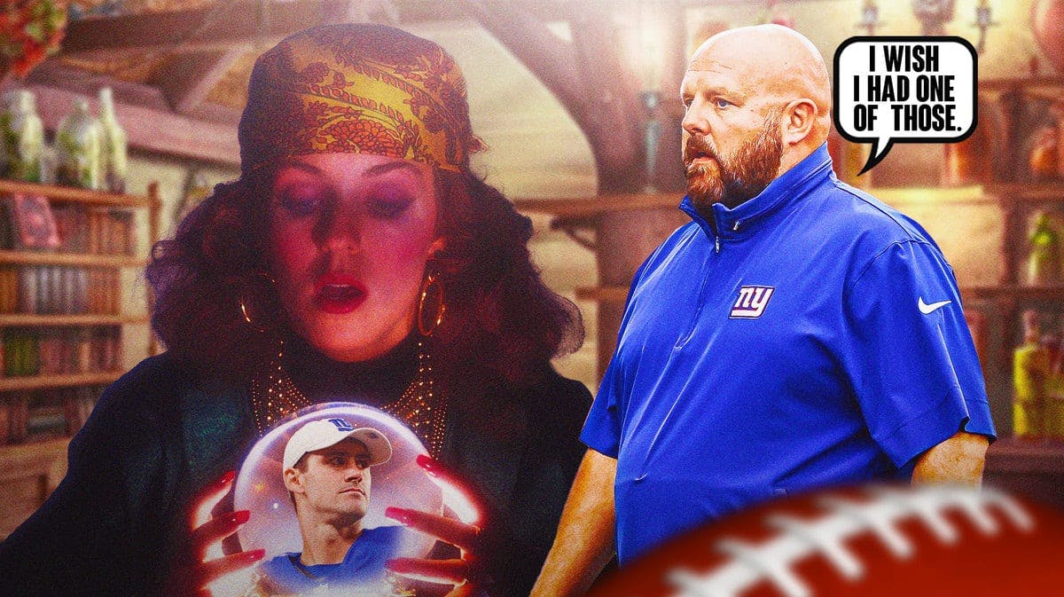 Giants head coach watching a witch gaze into a crystal ball about Daniel Jones' injury status
