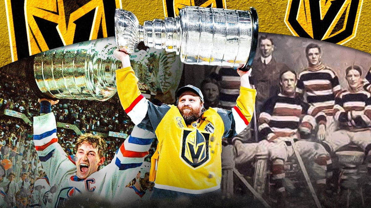 Golden Knights hoisting the trophy in the middle, with Wayne Gretzky and the Oilers (85-86) on the left and the 1920-21 Ottawa Senators on the right