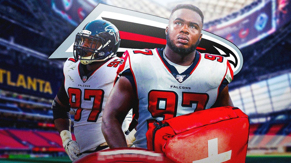 Grady Jarrett in middle of image looking stern, first aid kit in image, Falcons logo, football field in background