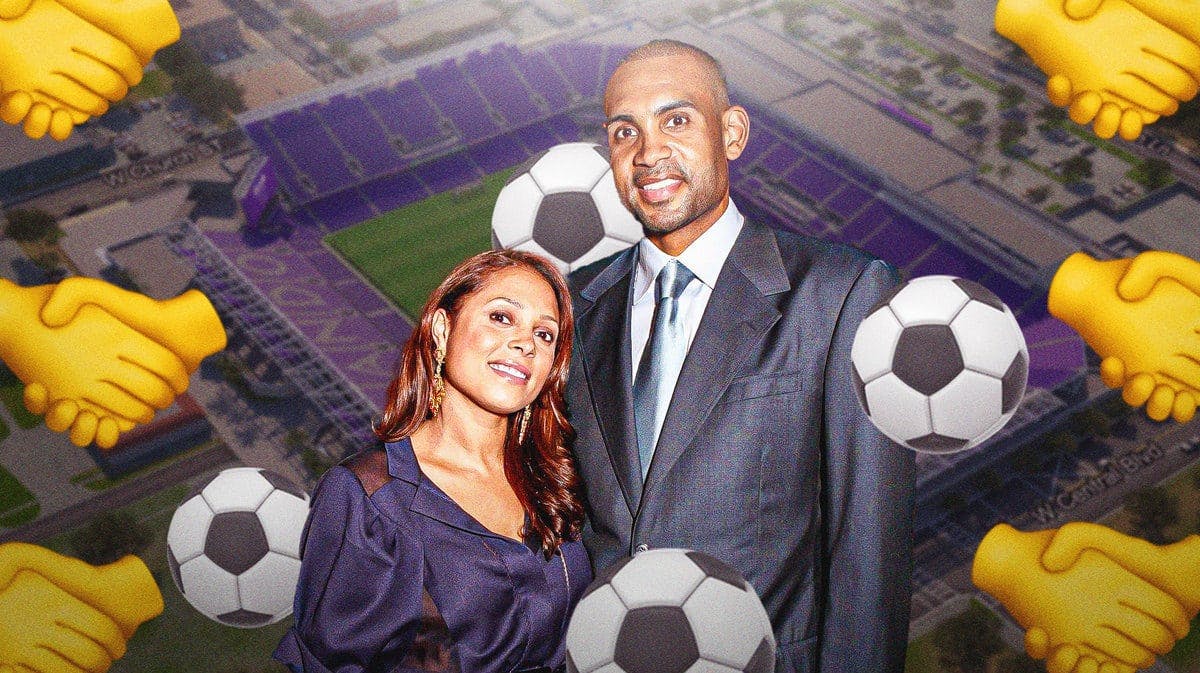 Grant Hill and Tamia Hill in the foreground with an aerial photo of the Orlando City SC/Orlando Pride stadium in the background, with soccer ball emojis ⚽️ and the handshake emojis 🤝 scattered throughout along the edges of the image