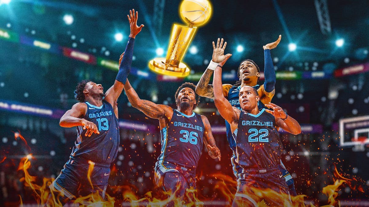 Grizzlies' Marcus Smart, Desmond Bane, Jaren Jackson Jr., and Ja Morant all reaching for the NBA championship trophy like they’re going up for a rebound
