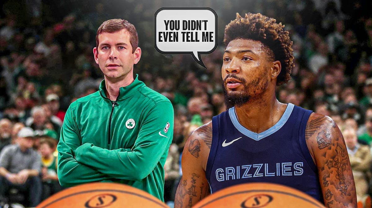 Grizzlies' Marcus Smart saying "You didn't even tell me" to Celtics' Brad Stevens