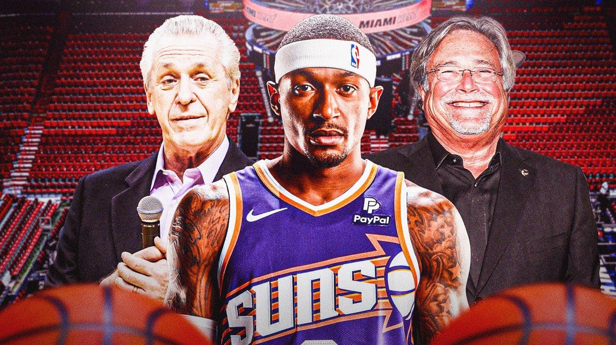 Miami Heat President Pat Riley, owner Micky Arison, and Phoenix Suns guard Bradley Beal in front of the Kaseya Center.