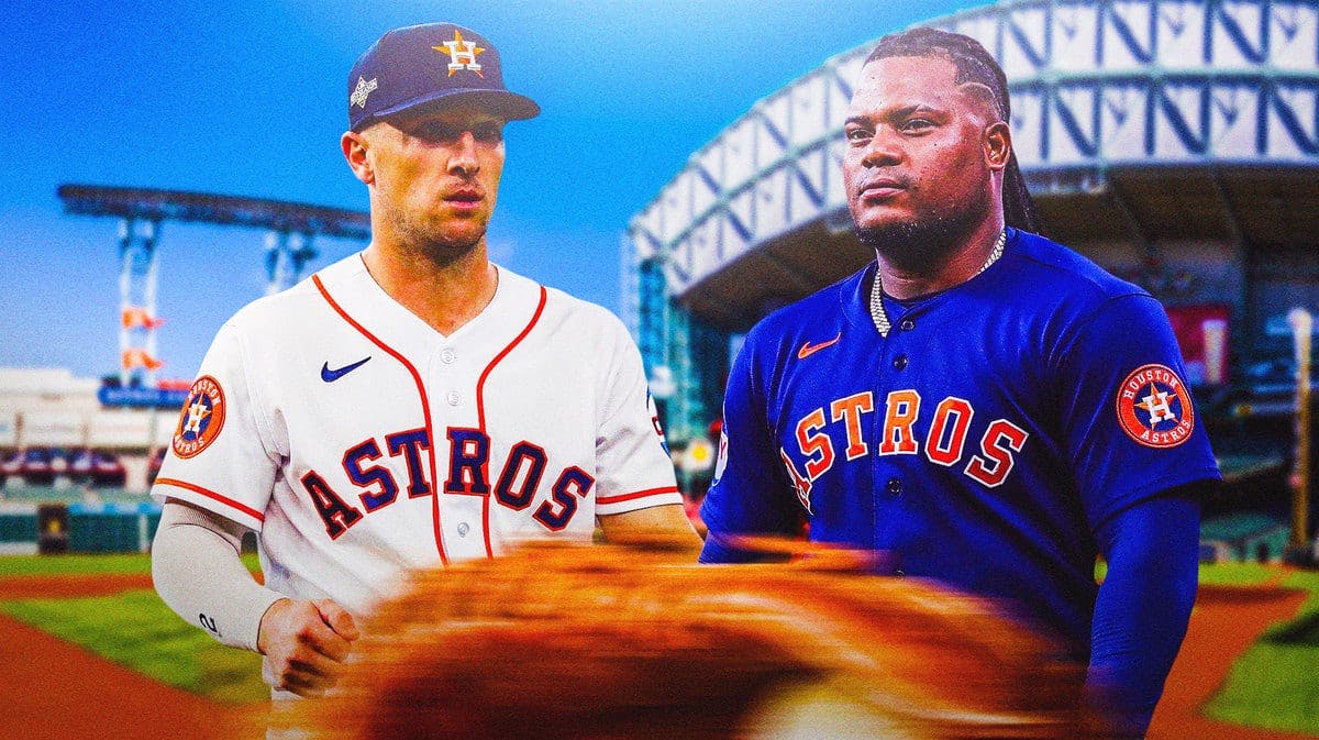 Alex Bregman and Framber Valdez expressionless in Houston Astros jerseys.