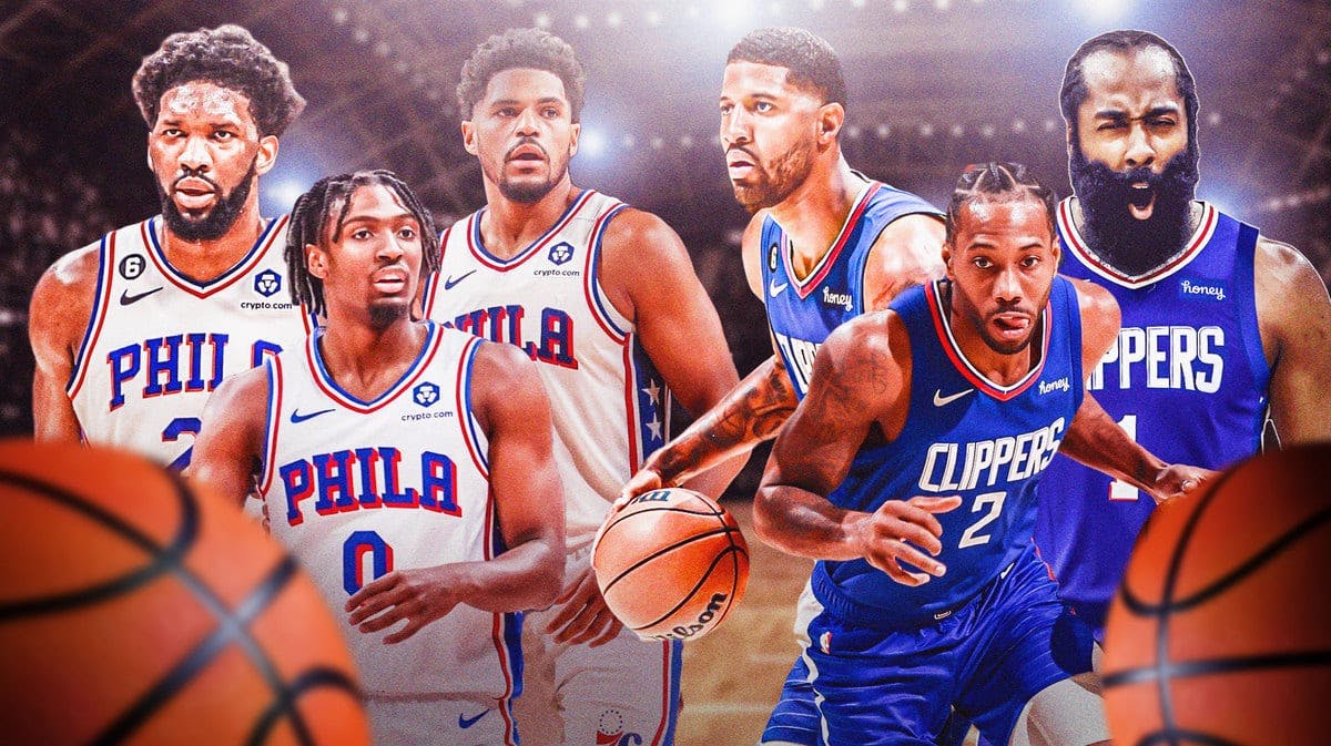 Joel Embiid, Tyrese Maxey, Tobias Harris on one side in action in Sixers jerseys, on the other side, have Harden, Paul George, Kawhi Leonard all in action in Clippers jerseys