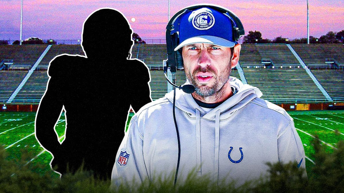 Silhouette of Indianapolis Colts cornerback Kenny Moore and head coach Shane Steichen