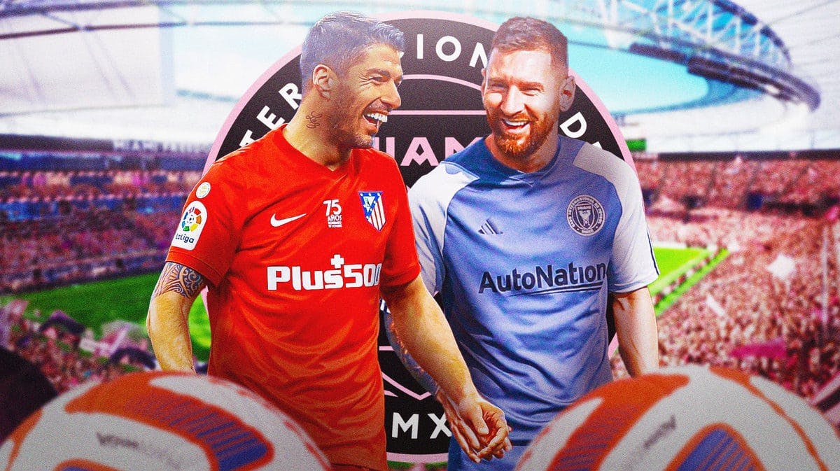 Luis Suarez happily together with Lionel Messi, the Inter Miami logo behind them