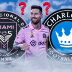 Lionel Messi in front of the Inter Miami and Charlotte FC logos, questionmarks in the air