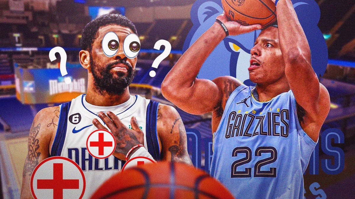 Mavs Kyrie Irving with big emoji eyes and question marks next to Grizzlies' Desmond Bane