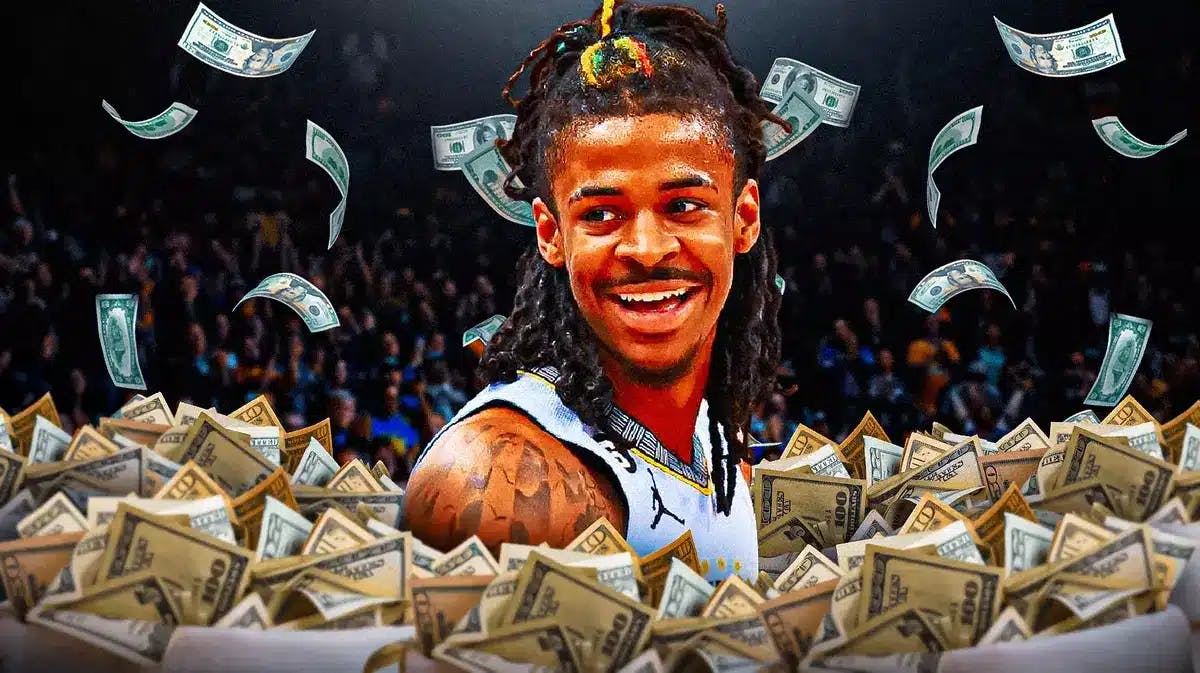 The Memphis Grizzlies' Ja Morant surrounded by piles of cash.