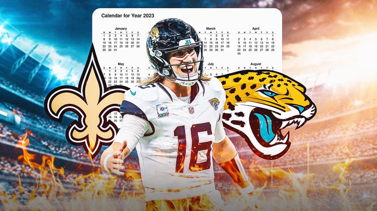 Trevor Lawrence with Jaguars and Saints logos and a calendar