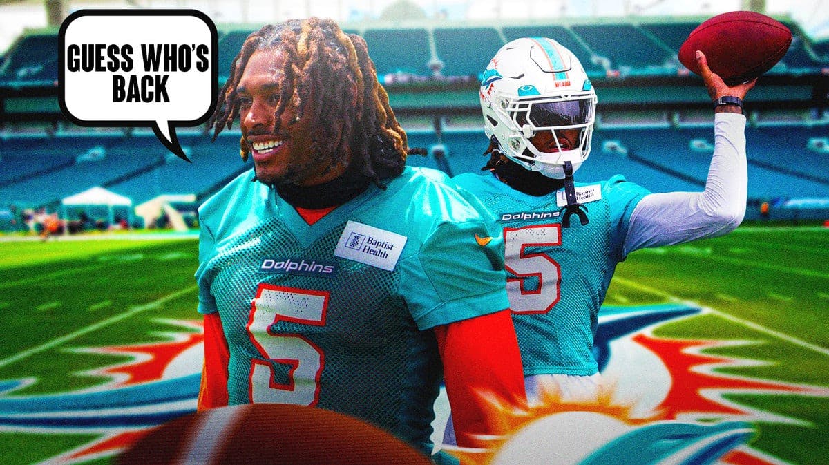 Miami Dolphins cornerback Jalen Ramsey and a speech bubble “Guess Who’s Back”
