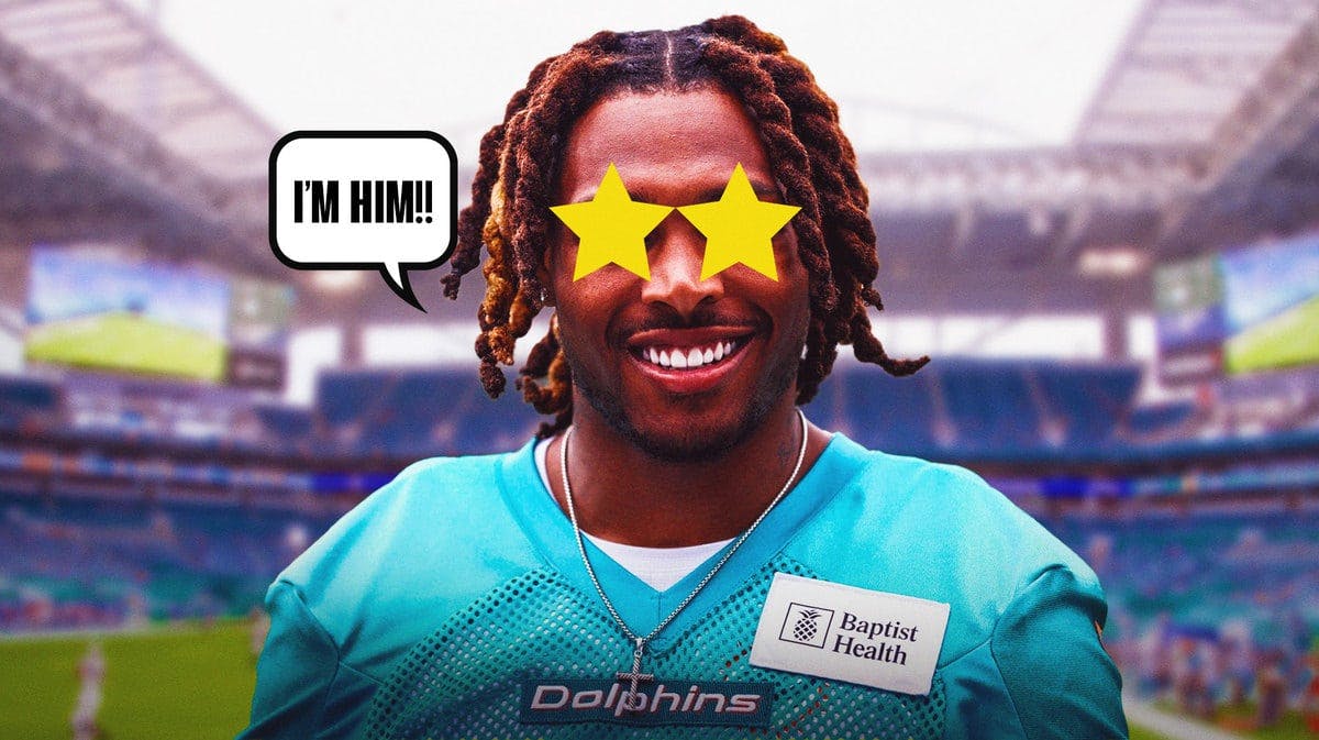 Jalen Ramsey with stars in his eyes in Dolphins jersey yelling “I’m HIM!!”