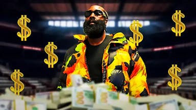 James Harden surrounded by piles of cash and dollar signs.