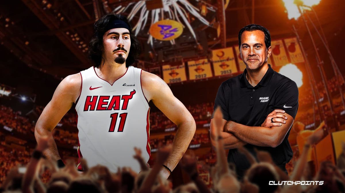Jaime Jaquez and Erik Spoelstra with the Heat arena in the background