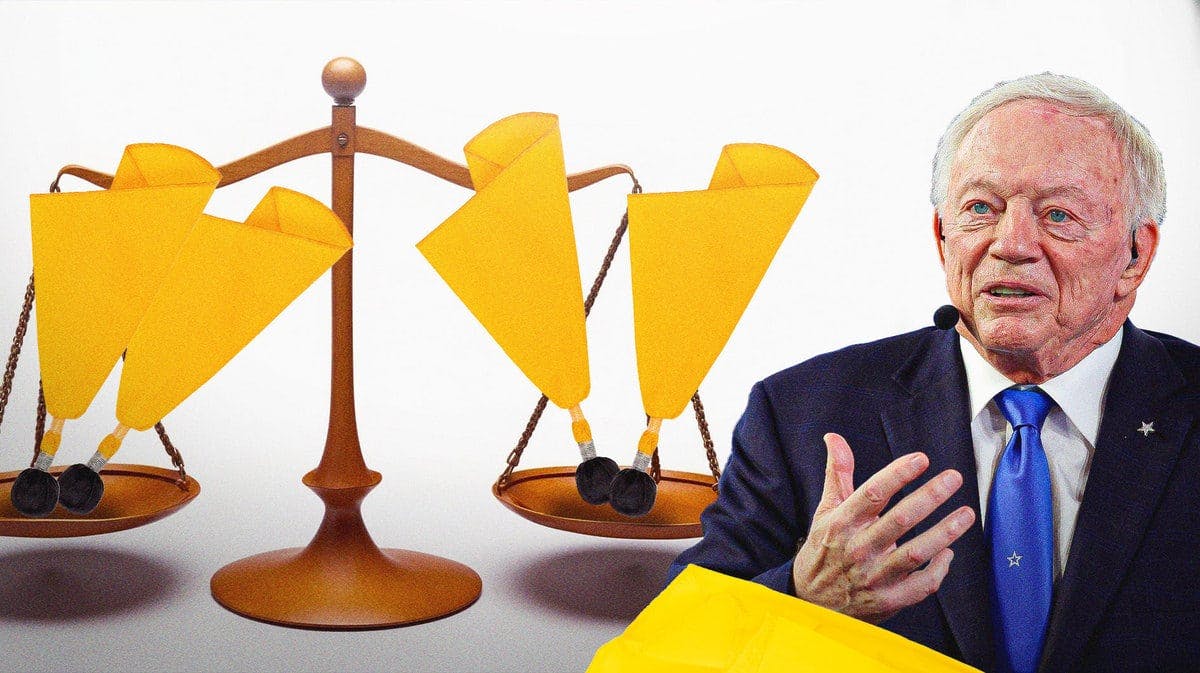 Jerry Jones next to a balance scale with penalty flags
