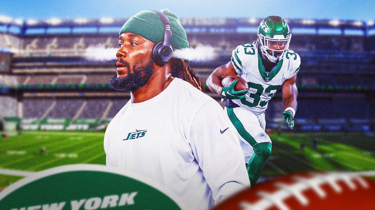 Dalvin Cook in New York Jets gear, Metlife Stadium in the background