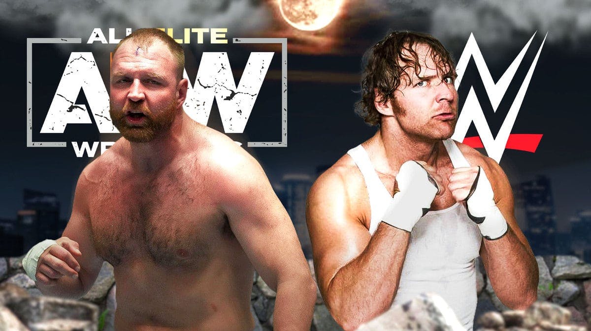 20203 Jon Moxley in front of the AEW logo next to 2014 Dean Ambrose in front of the WWE logo.