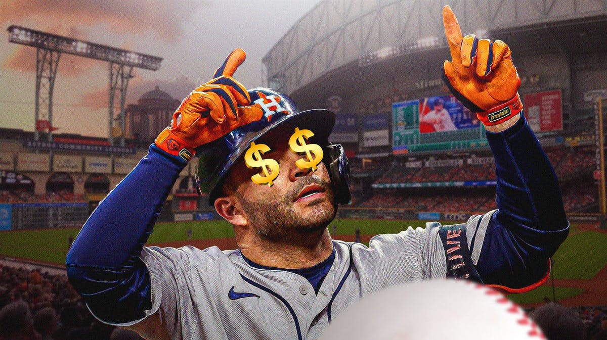 Astros' Jose Altuve with dollar signs in his eyes. Minute Maid Park background