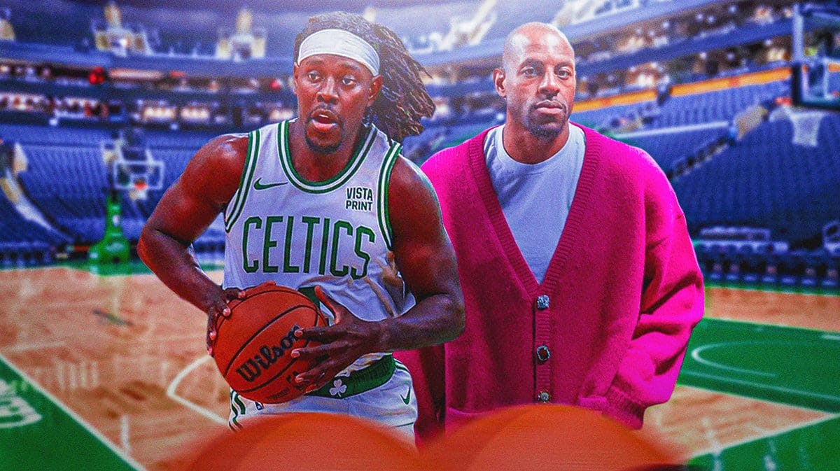 Celtics' Jrue Holiday shooting a basketball. Andre Iguodala, in normal clothes, looking at him