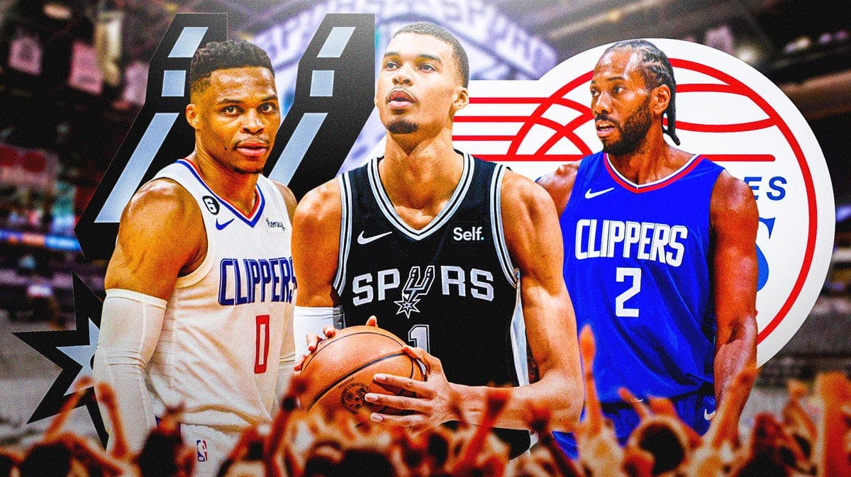 Victor Wembanyama in middle, Kawhi Leonard and Russell Westbrook on either side looking impressed, Spurs and Clippers logos, basketball court