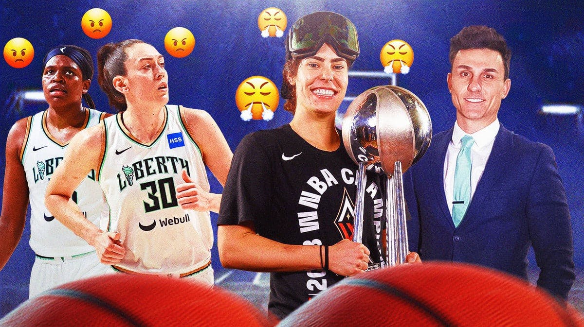 Aces Kelsey Plum holding the 2023 championship with the triumph emojis all over her, with Liberty GM Johnathan Kolb looking calm with Breanna Stewart and Jonquel Jones with angry emojis all over them