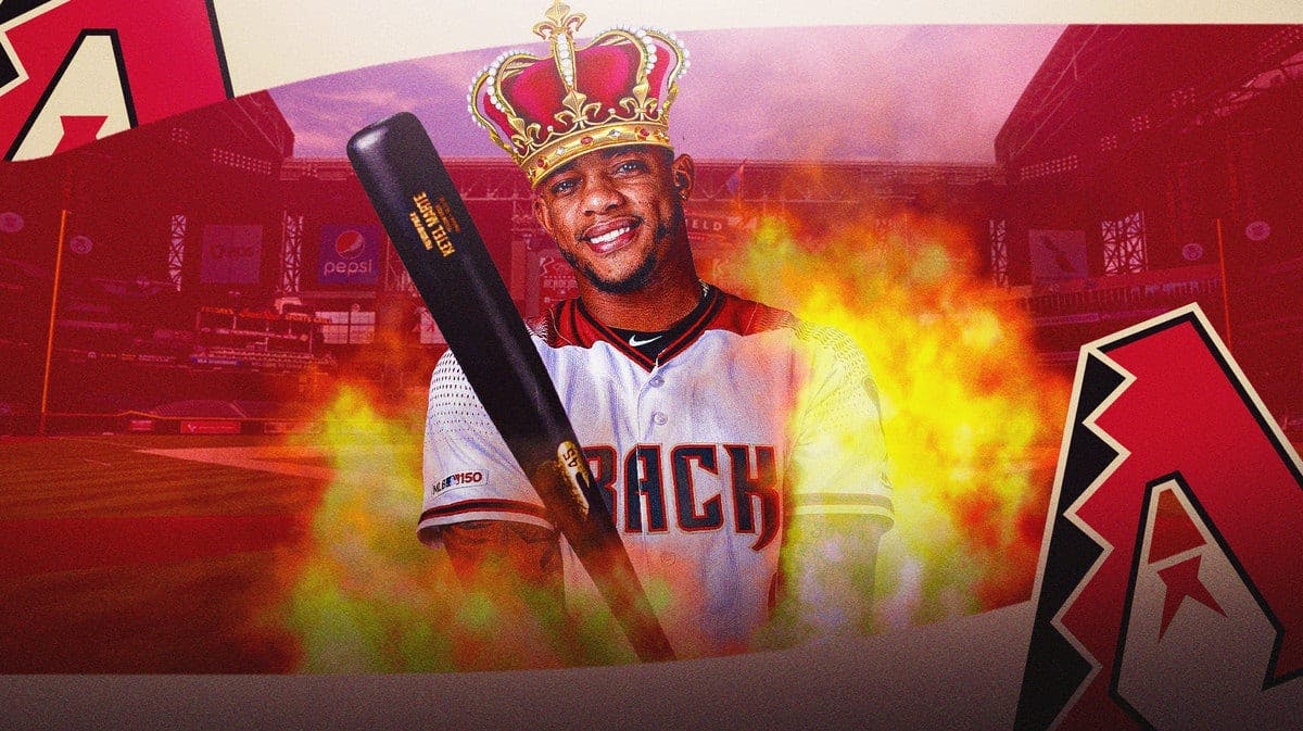 Ketel Marte in action with fire around him, have a crown on his head, in Diamondbacks jersey