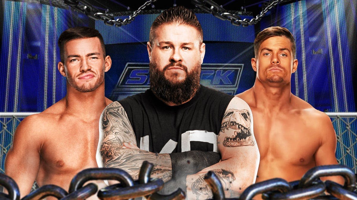 Kevin Owens with Austin Theory on his left, Grayson Waller on his right, and the SmackDown logo as the background.