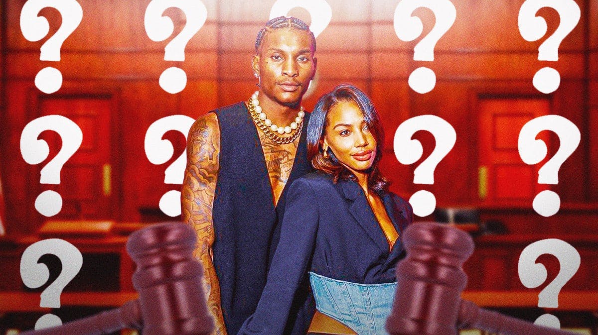 Former Rockets guard Kevin Porter Jr. with ex-girlfriend Kysre Gondrezick, with question marks behind them and a gavel beside them.