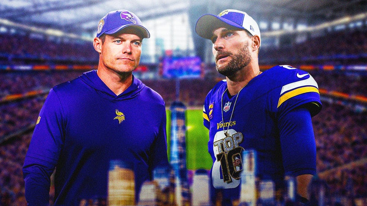 Minnesota Vikings head coach Kevin O'Connell and quarterback Kirk Cousins in front of U.S. Bank Stadium.