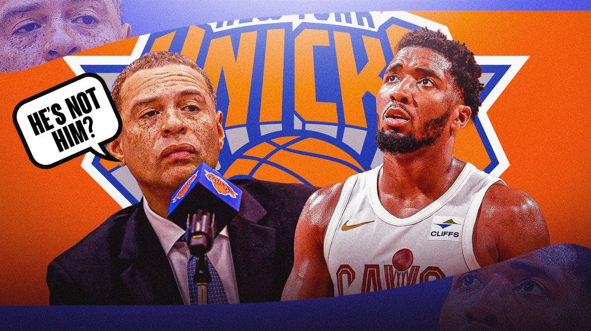 Scott Perry with the speech bubble: “He’s not him?” with Cavs' Donovan Mitchell looking sad, Knicks logo in the background