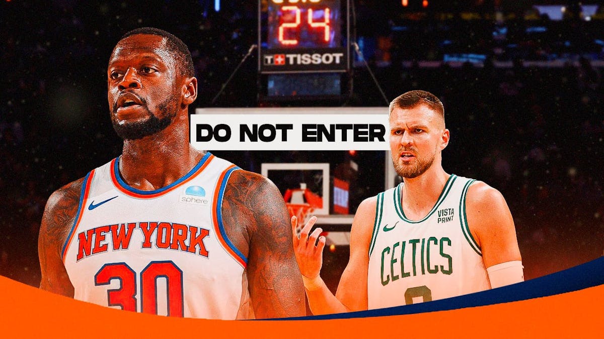 New York Knicks' Julius Randle (further from hoop) and Boston Celtics' Kristaps Porzingis (closer to hoop) and a basketball hoop in background with a “Do Not Enter” sign to signify the Knicks missed a lot of shots