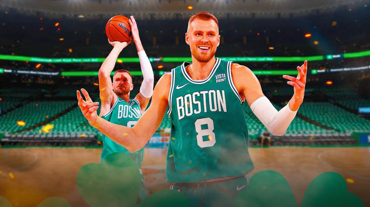 Celtics' Kristaps Porzingis hyped up against the Knicks, with a pic of him shooting a three-pointer on the side