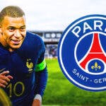 Kylian Mbappe laughing in front of the PSG logo